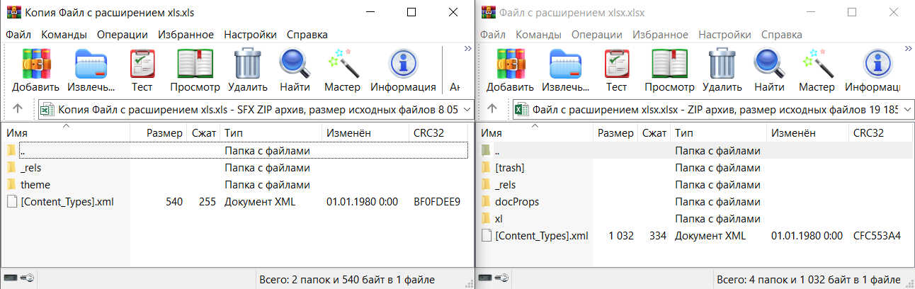 Структура файлов Excel через архиватор WinRAR