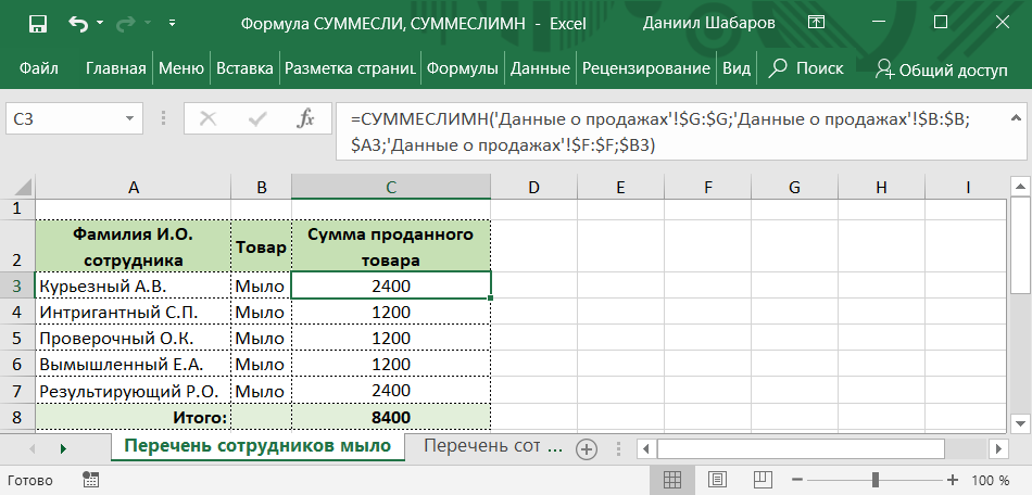 Результат использования функции суммирования по нескольким условиям
